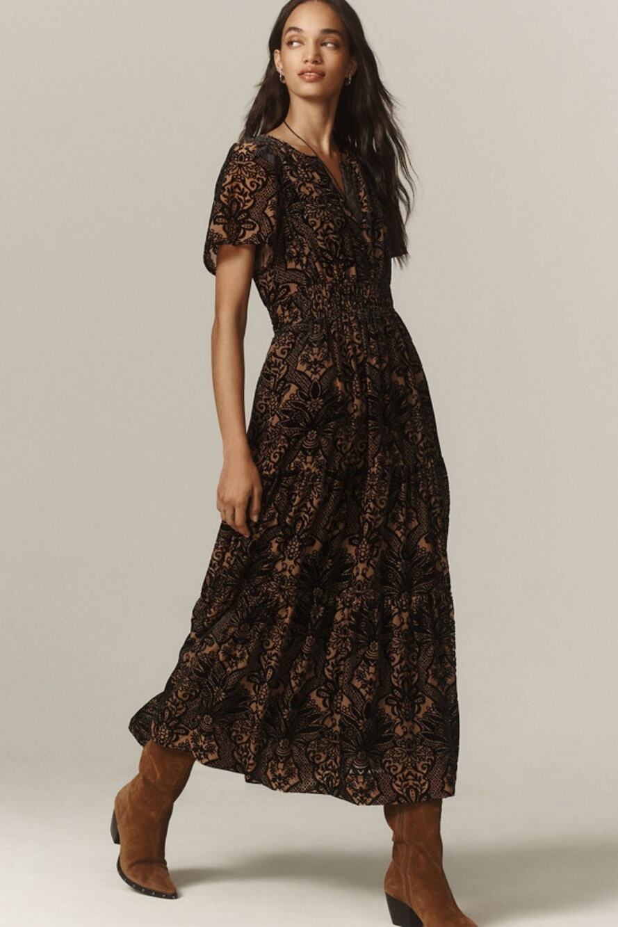Anthropologie Womens Large Somerset Maxi Dress Velvet Romantic Dark Renaissance